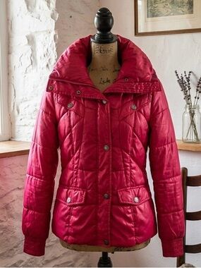 Guess| Lipstick Red Winter Puffer Warm Jacket‎ w/Flip-Up Collar Sz S